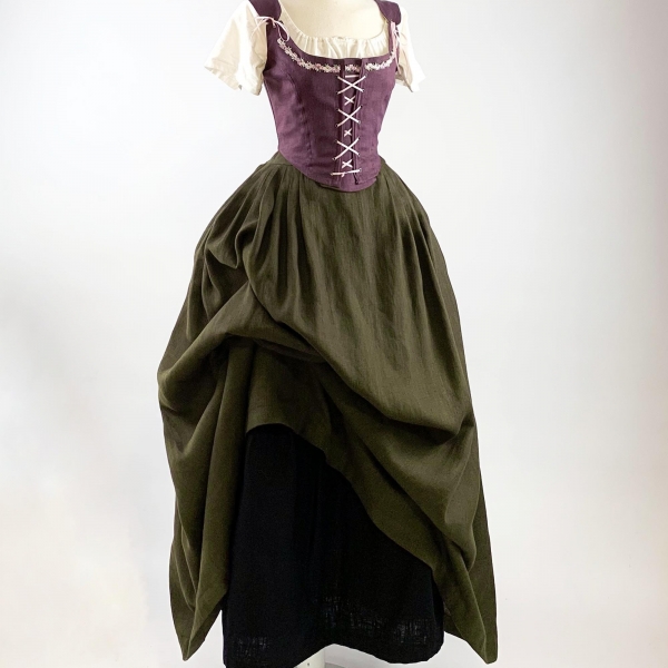 Renaissance dress in dark purple & moss green linen, renaissance fair