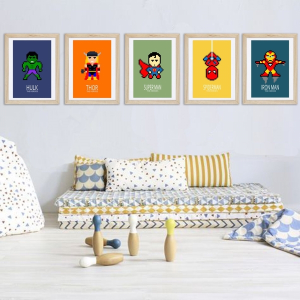 5 affiches superhéros, spiderman, iron man, décoration garçon