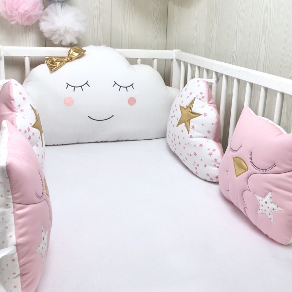 2 coussins nuages, tour de lit bébé, blanc, rose et doré