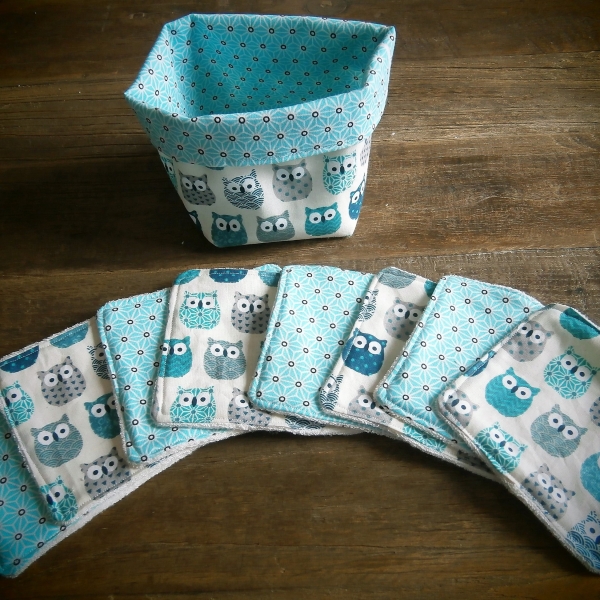 Lingettes lavables hiboux bleu, bavoir et panier de rangement éponge  microfibre de bambou pour bébé ou démaquillage : par douxsonges