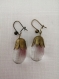 Boucles d'oreilles pendantes gouttes verre transparent et bronze