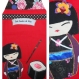 Joli tablier de cuisine femme avec prénom style japonais motif poupée kokeshi avec sushi au thon, tablier toile de coton rouge et tissu noir