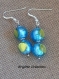 Boucles d'oreilles en perles de verre de murano authentiques, perles rondes 12 mm,turquoise,vert acide,feuille d'argent,crochets argent,