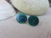 Boucles d'oreilles puces spirale de pâte polymère vert vif translucide et bleu marine, cabochon rond