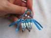 Boucles d'oreilles pendantes breloque en cuivre émaillé bleu turquoise et blanc, motif fleur, ruban satiné bleu et perle de jade blanc