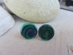 Boucles d'oreilles puces spirale de pâte polymère vert vif translucide et bleu marine, cabochon rond