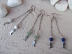 Longues et fines boucles d'oreilles pendantes avec pierre fine ronde, breloque poisson et chaine à billes en métal argenté, couleur au choix