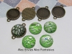 10 pièces, 5 supports cabochons bronze 14mm + 5 cabochons en verre feuille murano 14mm vert c46 