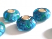 Perle européenne en verre murano, bleue turquoise décorée de fleurs 