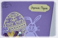 Carte pour pâques, oeuf et lapin, ruban et fleurs, message 