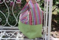 Sac cabas en tissus velours vert et rayé multicolore, sac à main, sac fait main