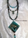 Collier multi rangs café turquoise, pendentif carré en bois résiné, bijoux uniques fait main