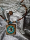 Collier ethnique chic long en turquoise argenté et châtain doré perles et bois,nacre doré et verre,bijoux fait main