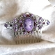 Peigne décoratif vintage avec camée violet argenté décoré de strass cristal et céramique