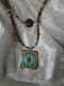 Collier ethnique chic long en turquoise argenté et châtain doré perles et bois,nacre doré et verre,bijoux fait main
