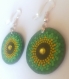 Boucles d'oreilles pointillisme jaune vert originales rondes strass posca mandala