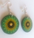 Boucles d'oreilles pointillisme jaune vert originales rondes strass posca mandala
