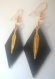 Boucles d'oreilles pendentif noir et plumes dorées