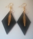Boucles d'oreilles pendentif noir et plumes dorées