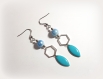 Boucle d'oreille émail ovale bleu, perles en verre pailleté brillante, crochet en métal acier inoxydable argenté
