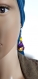 Boucle d'oreille pompon tissue bleu, orange violet, blanc, perles en verre jaune lisse, coupelles, crochet en métal acier inoxydable argenté