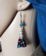 Boucle d'oreille pompon tissue viscose bleu, blanc, marron, perles en verre bleu et en métal, coupelles, crochet en métal acier inoxydable argenté