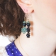 Boucles d'oreilles en métal, asymétriques. reflets bleus et perles bleues.