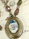Ensemble de bijoux cabochon ovale chat du cheshire  pendentif porte photo et boucles d'oreilles pendantes verre