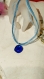 Collier coton satin bleu ciel pendentif plaqué argent et sa pâte de murano bleu marine fusionné 