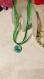Collier coton satin vert pendentif plaqué argent et sa pâte de murano blanc et fleurs turquoise et vert fusionné 