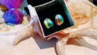 Pics d'oreille en argent 925, pâte de dichroïque fusionné, multicolore sur transparent, 14x19mm