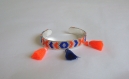Bracelet manchette bohème bleu, orange et argenté tissage perles miyuki avec pompons