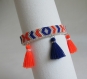 Bracelet manchette bohème bleu, orange et argenté tissage perles miyuki avec pompons