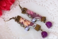 Boucles d'oreilles tête de mort violettes avec ruban liberty et perles
