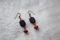 Boucles d'oreilles bronze - perle ovale et perle rouge naturelle
