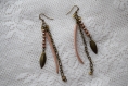 Boucles d'oreilles bronze - chaîne, feuille bronze, perles et cuir naturelle