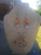 Parure  collier et boucles d 'oreilles fil d' aluminium orange avec perle et strass. 