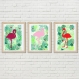 3 affiches flamants roses, exotic, tropical, triptyque