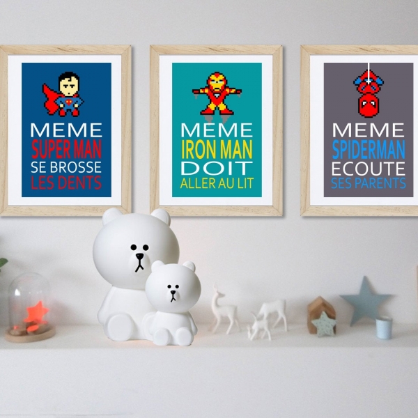 3 affiches superhéros avec citations enfant, décoration chambre