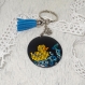 Porte clé rond 4cm + attache, décor canard jaune