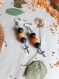 Boucles d'oreilles pendantes noir et orange en pierre de lave et en agate