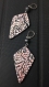 Boucles d'oreilles pendants motif recto/verso  façon dentelle gris métallisé en relief sur fond rose poudré