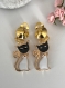Boucles d'oreilles à clips en métal doré et émail, pendentif chat noir et blanc