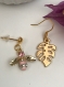 Boucles d’oreilles en métal doré feuille et abeille strass rose