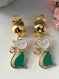 Boucles d'oreilles à clips en métal doré, pendentif chat en émail vert et blanc