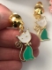 Boucles d'oreilles à clips en métal doré, pendentif chat en émail vert et blanc