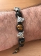 Bracelet pour homme en coton façon macramé, perles oeil de tigre et tête de léopard en métal argenté, ajustable