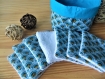 Lot panier en tissu coton motif wasabi bleu blanc jaune, tissu intérieur bleu foncé + 7 lingettes assortis en éponge bambou oeko-tex