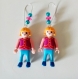 Boucles d'oreilles playmobil/argentées, figurine en rouge/bleu/rose