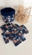 Lot une panière et 6 lingettes lavables coton imprimé feuilles et fleurs,bleu marine
